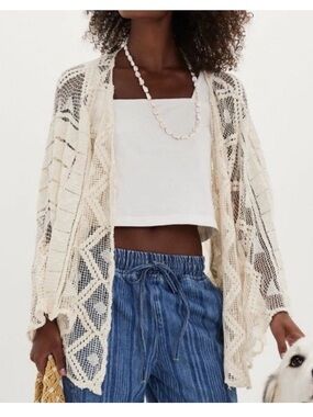 Free People Off The Coast Crochet Layer Open Front Ivory Top NWOT One Size